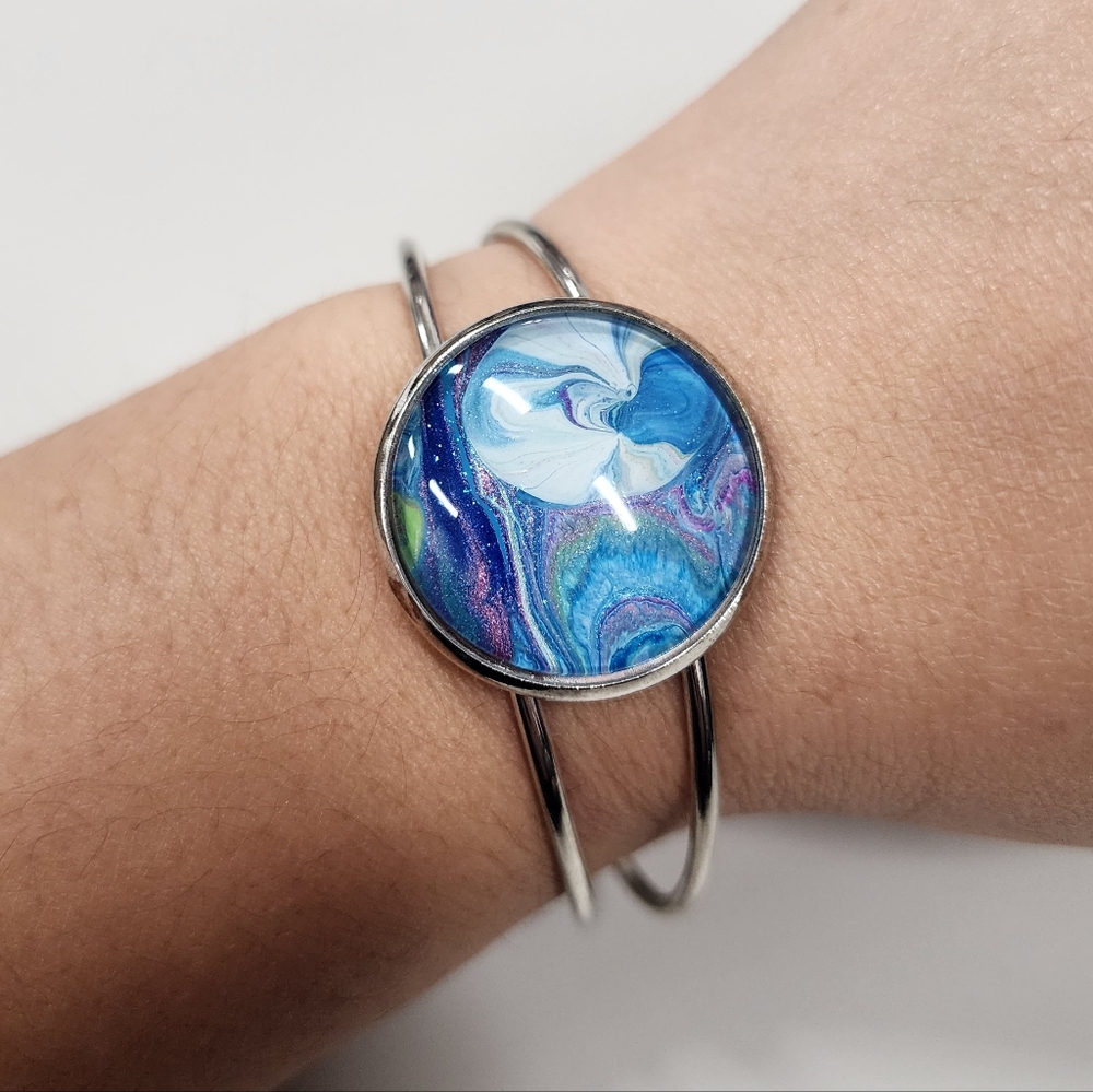 Blue & Silver Fluid Art Cuff Bracelet Handmade Glitter Acrylic Pour Round